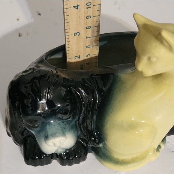 VTG MCM Ceramic Dog & Cat Planter Figurine 7X5" Tall Black & Yellow Design - Picture 8 of 8